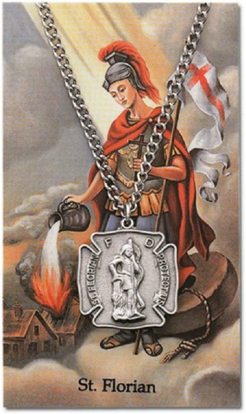HJ Sherman St Florian Firefighters Service Necklace Badge Shaped with Holy Prayer Card...