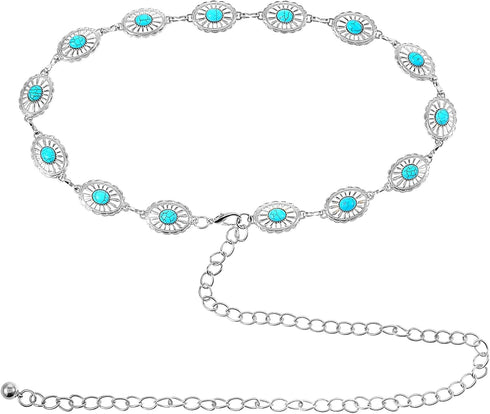 Concho Chain Waist Belts for Women, Turquoise Western Metal Belt Adjustable Cowgirl Belt with Buckle for Jeans Dresses...