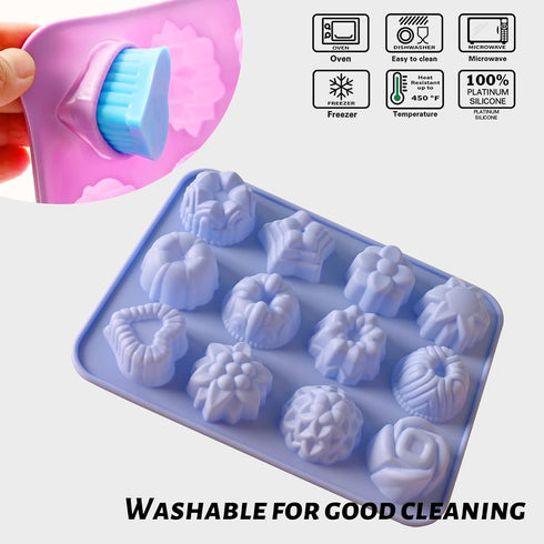 Sakolla 3 Pack Chocolate Flowers Silicone Molds 12 Cavity Flowers Heart Shape Candy Cake Molds for Baking, Cupcake, Jelly, Ice Cube, Muffin...