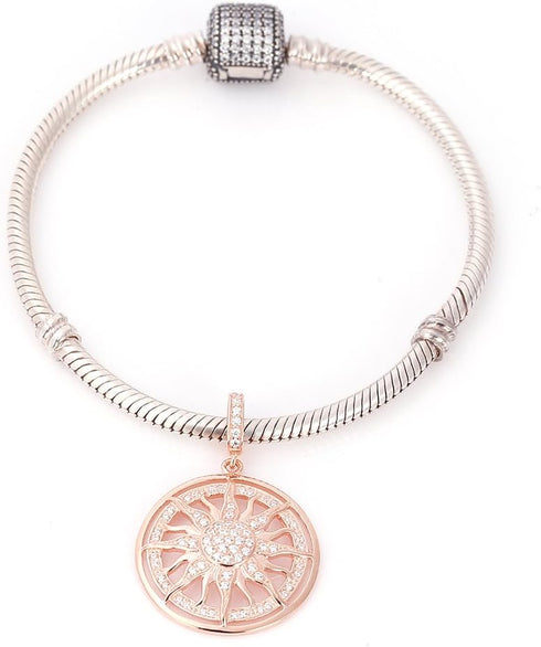 Rose Gold Sun Charms 925 Sterling Silver Dangle Charms with Clear CZ for Pandora 3mm Snake Chain Bracelet...