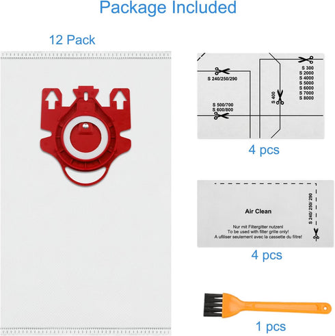 12 Pack FJM Vacuum Bags Compatible with Miele FJM Bags AirClean 3D Efficiency Vacuum Cleaner, Include 4 Pair Pre-Motor and Post-Motor Filters...