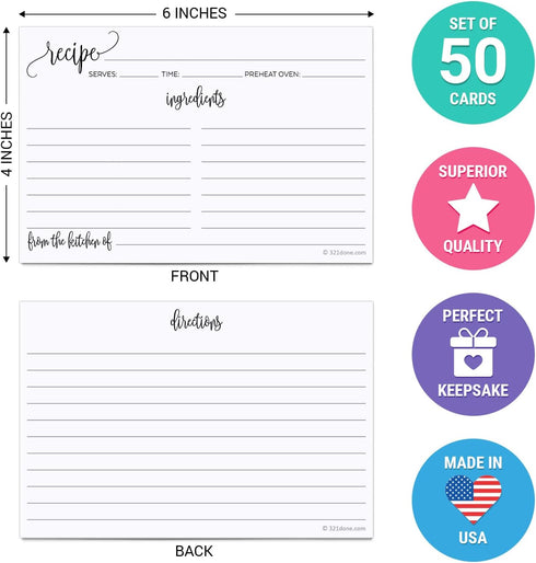 321Done Recipe Cards, Made in USA - From the Kitchen Of, 4x6 Black and White Modern Minimalist, Large Double-Sided for Weddings, Bridal Shower - S...