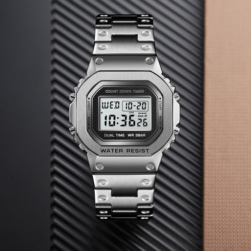 PASOY Men's Digital Multi-Function Watches Stainless Steel Square Case Dual Time Alarm Stopwatch Countdown Backlight Waterproof Watch...