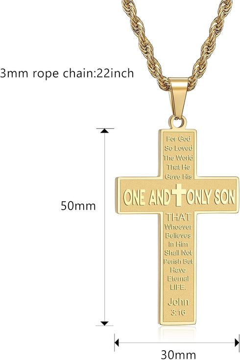 Bible Verse Cross Necklace for Men,Cross Pendant Rope Chain Necklace Baptism Confirmation First Holy Communion Christening Christian Gifts for Boy...