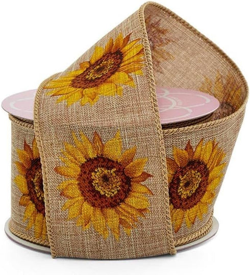 2 1/2" X 10 Yards Sunflowers On Natural Linen Ribbon...