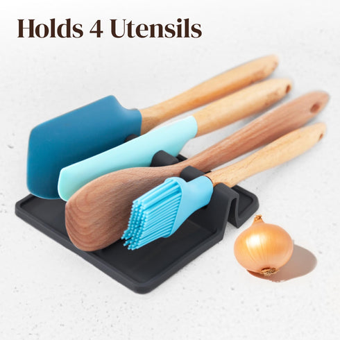 Black Silicone Spoon Rest for Stove Top with Drip Pad (Two Pack) - Heat-Resistant, BPA-Free Utensil Rest & Spoon Holder for Kitchen Counter - Gril...