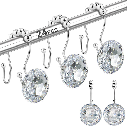 Shower Curtain Hooks Rings for Bathroom, 12PCS Double Hooks Glide Anti Rust Crystal Rhinestones Shower Curtain Rings Hangers for Shower Curtains, ...