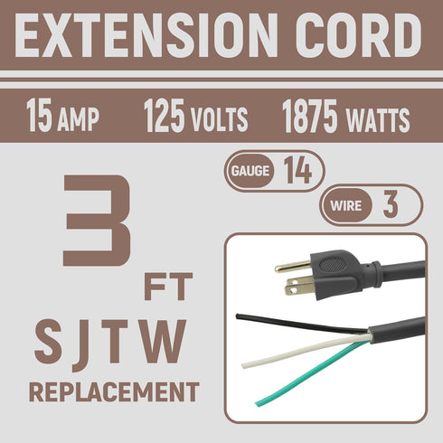 Industries Inc 3-Wire Appliance and Power Tool Cord, 3 ft, 14 AWG, 15A/125V AC, 1875w, Grey, 2pack...