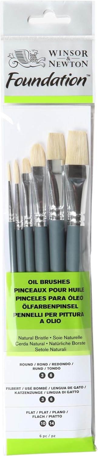 Winsor & Newton Foundation Oil Hog Brush Set, Short Handle, Round Filbert & Flat, 6 Pack...