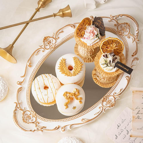 Sooyee Decorative Tray - White and Gold Mirror Tray for Bathroom Vanity, Dessert & Coffee Table, Home Decor with Handle...