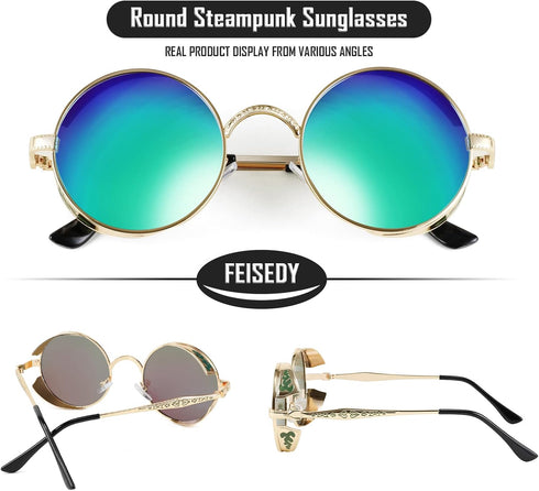 FEISEDY Retro Steampunk Polarized Sunglasses Round Mental Frame Gothic Shades Design Men Women B2820...