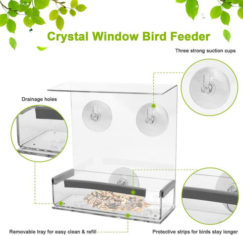 Window Bird Feeder with Strong Suction Cups, Kitchen Window Bird Feeder Acrylic Hanging Bird Feeder Outdoor Suction Bird House for Outside Wild Bi...