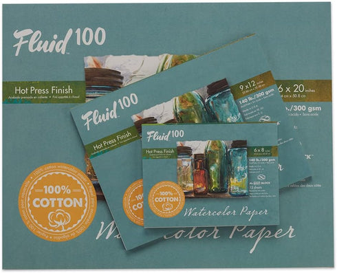 Fluid 100 Watercolor Paper Block, 6 x 8 inches, 15 Sheets, 140 lb (300 GSM) 100% Cotton Hot Press Pad for Artist Painting and Wet Media...