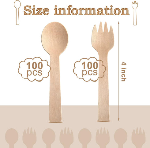 200 Count 4 Inch Disposable Wooden Cutlery Set,100 Mini Wooden Spoons, 100 Mini Wooden Forks, Birchwood Material Utensils, Disposable Spoons Forks...