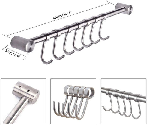 304 Stainless Steel Kitchen Utensil Racks with 7 Sliding Hooks Hangers Wall Mounted 15"...