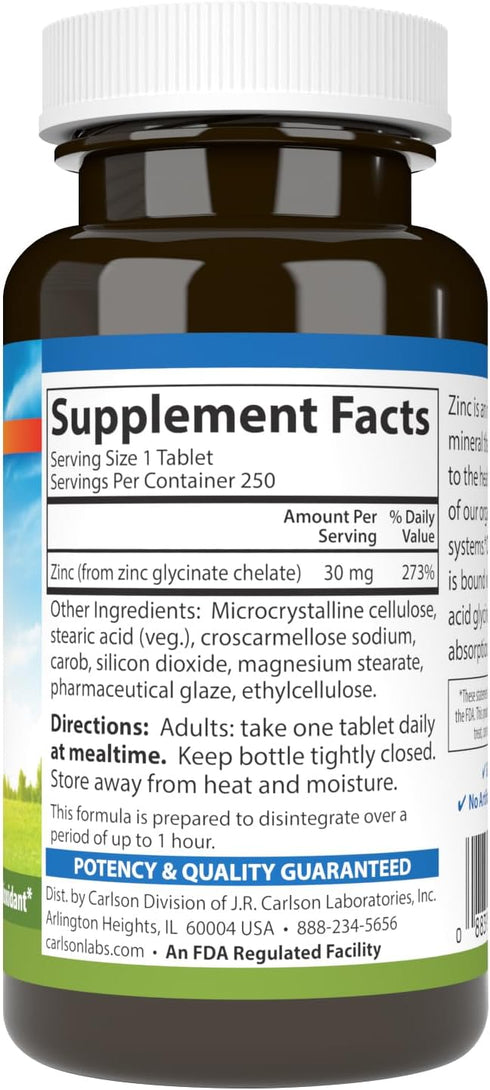 Carlson - Chelated Zinc, 30 mg, Chelated Zinc Supplement, Zinc Glycinate Chelate, Superior Absorption, Immune Support & Enzyme Function, Zinc Tabl...