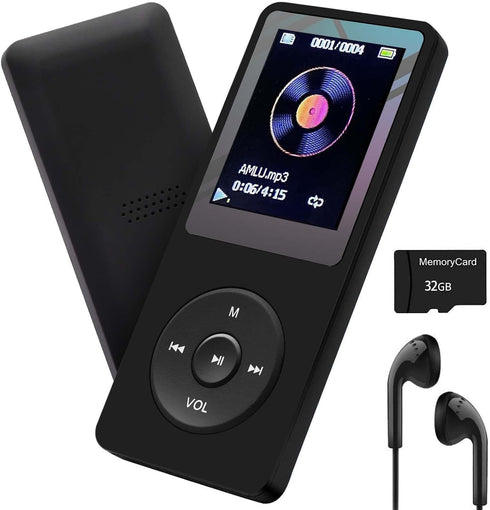MP3 Player 32GB with Speaker Earphone Portable HiFi Lossless Sound MP3 Mini Music Player Voice Recorder E-Book HD Screen 1.8 inch Black Support up...