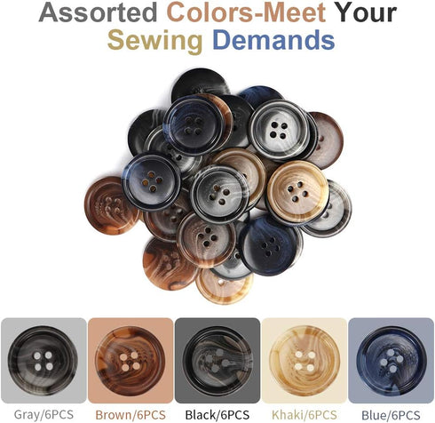 30 PCS Resin Sewing Buttons, 25mm/1 inch Round Bulk Buttons for Sewing, with 5 Matte Pattern Size 4 Holes, for Sewing DIY Crafts, Manual Button Pa...