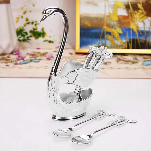 Coffee Spoon Stand, Decorative Swan Base Holder Metal Coffee Dessert Dinner Set Teaspoon Fruit Dessert Flatware Swan Base Holder (silvery white)...