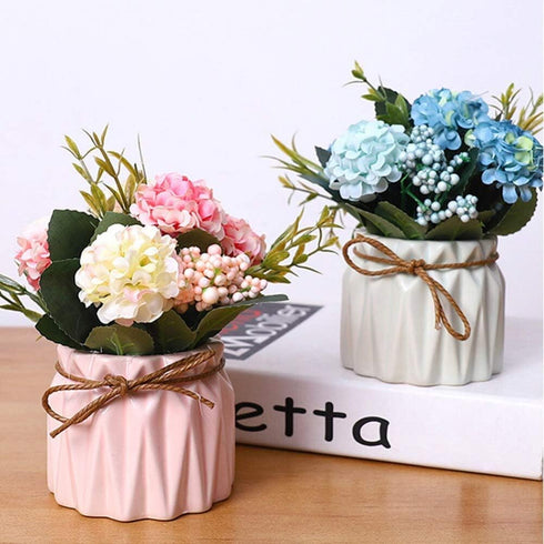 Fake Hydrangeas with Pot, Mini Hydrangea Artificial Flowers Artificial Plant in Ceramic Vase for Office Desktop Decorations (Blue)...
