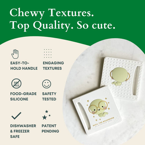 Basil The Bookworm Baby Teether - Premium BPA Free Silicone Teething Toy | Perfect for Baby Showers | Unique Book-Shaped Design | Freezer & Dishwa...