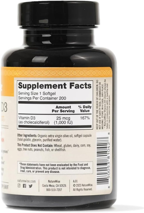 NatureWise Vitamin D3 1000iu (25 mcg) Healthy Muscle Function, and Immune Support, Non-GMO, Gluten Free in Cold-Pressed Olive Oil, Packaging Vary ...