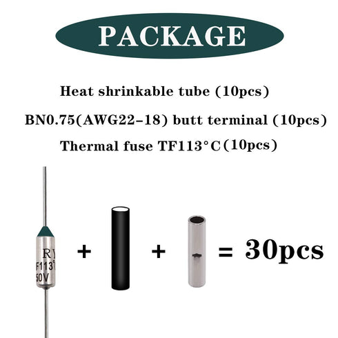 Tnisesm 10 Pcs 113 C Metal Thermal Cutoffs Thermal Fuse 10A 250V with Non-Insulated Butt Connectors(22-18 AWG) for Motor Transformer Electric Indu...