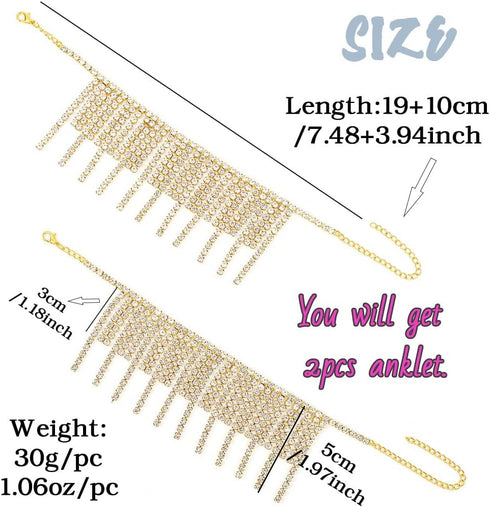 ELABEST Boho Tassels Ankle Bracelet Crystal Anklets 2Pcs Glitter Rhinestone Tennis High-heeled Foot Chain Wedding Body Jewelry Accessories for Wom...