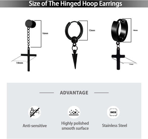 16 Pairs Men Earrings Set - Black Stainless Steel Cross Dangle Hoop & Ear Stud Fashion Piercing Jewelry for Birthdays, Parties & More...