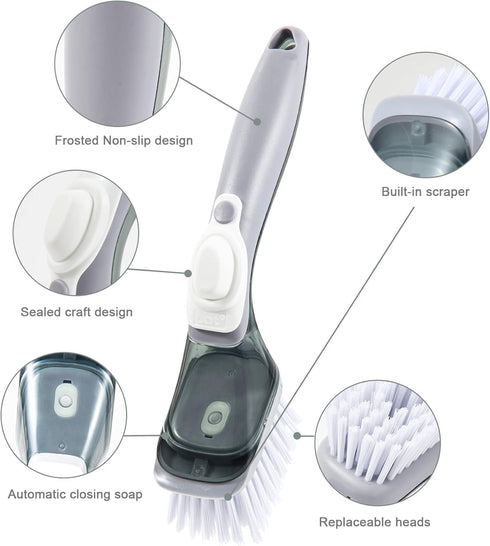Dishes Scrub Brush Non-Scratch, Soap Dispensing Dish Brush, Dishwand Handle with 2 Refill Dish Brush and 2 Sponge Replacement Heads, Soap Control ...
