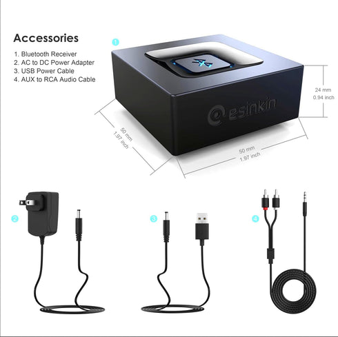 esinkin Bluetooth Audio Adapter for Music Streaming Sound System, Wireless Audio Adapter Works with Smartphones and Tablets, Wireless Adapter for ...
