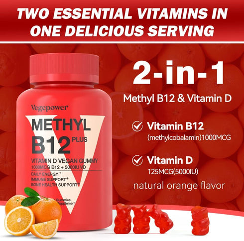 Vegan Vitamin B12 Gummies with Vitamin D - 90 Count I 1000 MCG Methyl B12 & D3 5000 IU Chewable Gummies Supplements for Adults & Kids - Supports B...