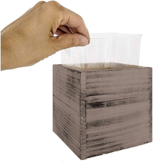 4" Square Rustic Wood Planters with Plastic Liner - Set of 2...