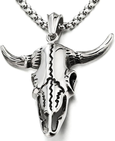 COOLSTEELANDBEYOND Stainless Steel Vintage Goat Bull Skull Pendant Necklace for Man, 30 inches Chain, Gothic Tribal...