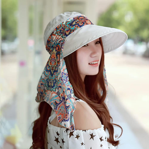 2 in 1 Foldable Sun Hat with Neck Flap Beach Fishing Hat Large Brim UV Protection Hat Gardening Walking Hat for Women Girls Beige...