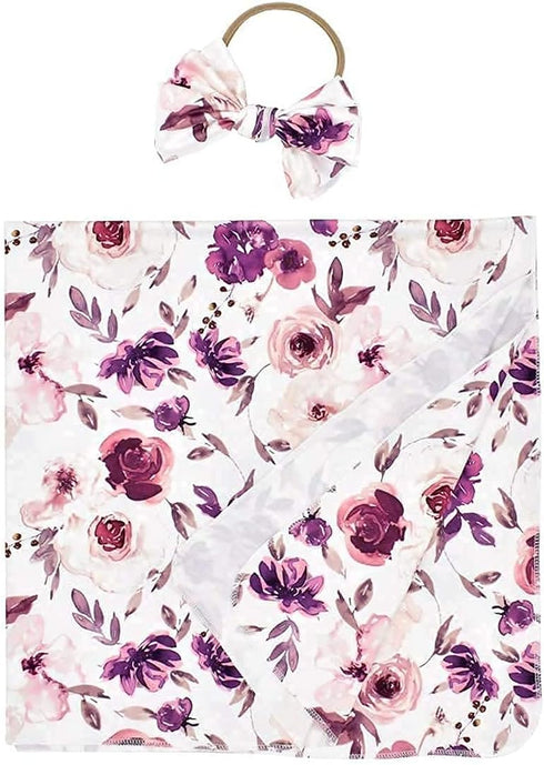 Baby Swaddle Blanket Newborn Girl Swaddle and Headband Set Purple Flowers Floral Print Wrap Shower Gift...