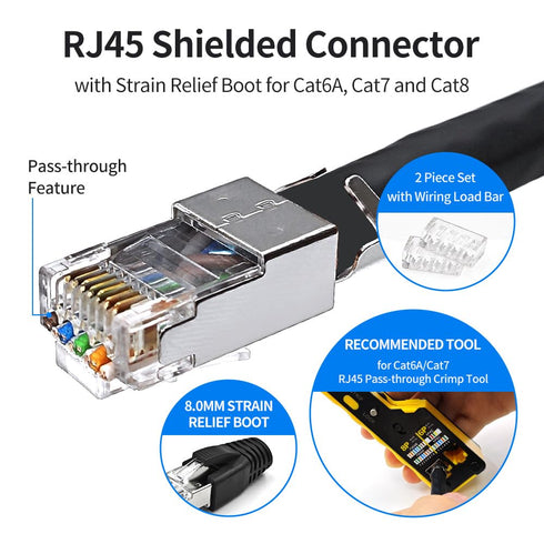 10 Pack Cat7 Cat6A Pass Through Shielded RJ45 Connector Modular Network 50? Gold-Plated Plug for Cat 6, Cat 6A, Cat 7 and Cat 8 with Strain Relief...