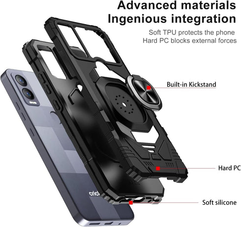 TJS Compatible for Cricket Magic 5G Case, AT&T Propel 5G Case, with Tempered Glass Screen Protector, Metal Ring Magnetic Support Kickstand Heavy D...