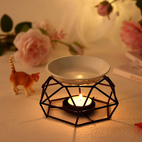 SXCHEN Essential Oil Burner for Scented Oil Tea Light Wax Melt Warmer Ceramic Tealight Wax Candle Burner Black Metal Aroma Diffuser-Set of 1...