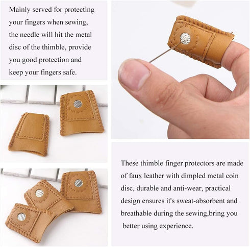 8 Pcs Thimble + 30 Pcs Sewing Needles, Finger Protector Fingertip Adjustable Metal Bronze Rings and Leather Coin Thimble for Needlework, Hand Embr...