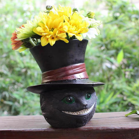 Black Cat Head with Hat Flowerpot Small Cute Animal Air Plants Pot Resin Succulent Pots Ornaments with Drainage Hole Lovely Desktop Greenery Decor...