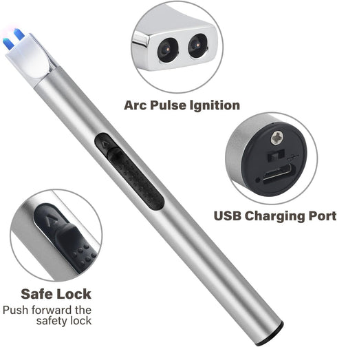 Electric Candle Lighter Long Pen Shape Windproof Pulse Arc Lighers USB Rechargeable for Candle Kitchen Fireplace Camping BBQ (Silver)...