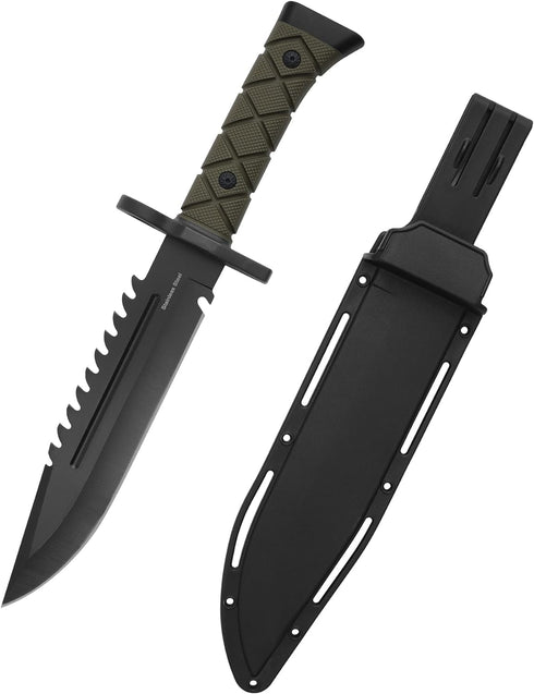 15" Fixed Blade Tactical Knives with Sheath, Stainless Steel Survival Hunting Bushcraft Full Tang Non-Slip Handle Knife with Serrated Blade Back f...
