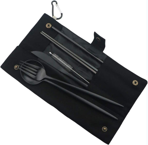 Gugrida Luxury Black Matte Portable 18/10 Stainless Steel Travel Flatware Sets of 7 Portable Camping Cutlery Set, Healthy & Eco-Friendly Flatware ...