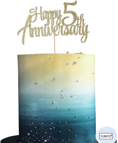 5th Anniversary Party Decoration Gold Glitter 5th happy Anniversary Cake Topper...