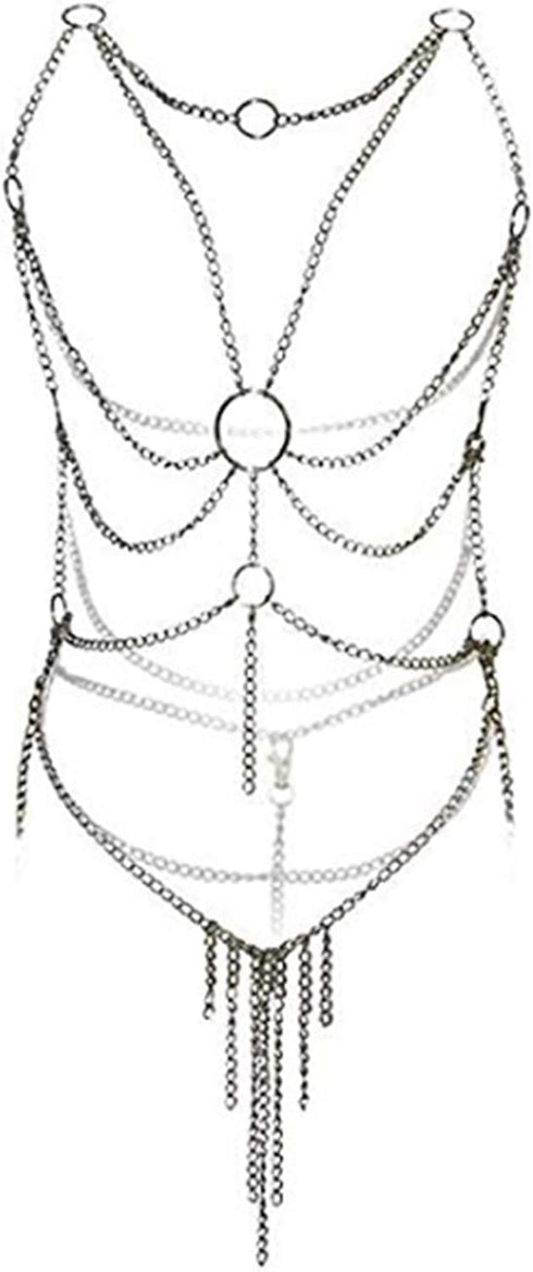 Liangliang Women's Cross Enticing Tassel Body Link Harness Metal Chain Tassels Lingerie Set...