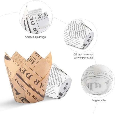 200pcs Tulip Cupcake & Muffin Tins Liners, 2” Standard Newspaper Pattern Paper Baking Cups Nature and White...