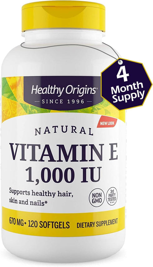 Healthy Origins Vitamin E, 1,000 IU (Natural) Mixed Tocopherols - Vitamin E Supplement - Gluten-Free & Non-GMO Skin, Hair & Nails Vitamin - 120 So...