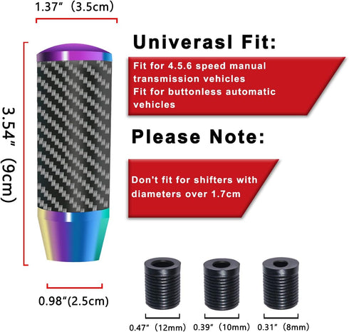 3.5 Inch/9cm Neo Chrome Weighted Shift Knob Carbon Fiber Shift Knob Automatic Shift Knob with 8/10/12mm Adapters fit for Manual and Buttonless Aut...