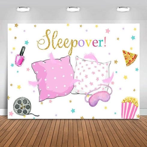 Mocsicka Sleepover Party Backdrop Sleepover Pajamas Pillow Fight Pink Girl Party Decorations Slumber Party Banner Photography Background Cake Tabl...